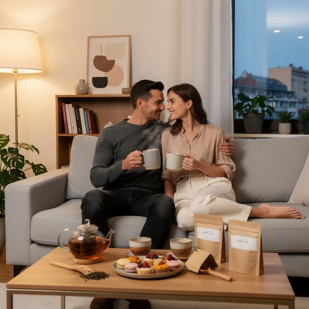 Sretni par koji uživa u trenutku uz čaj za povećanje libida.
