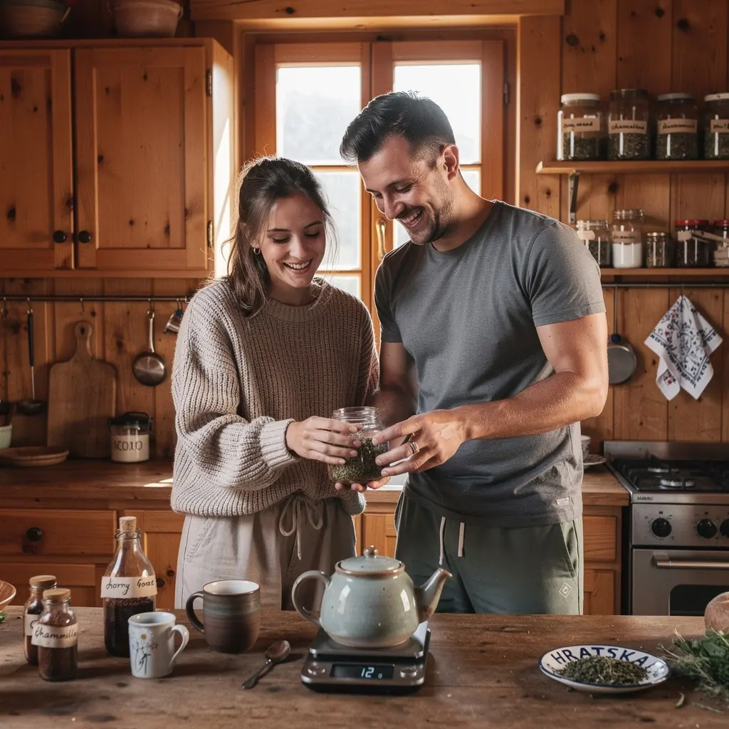 Pakiranje čaja prikazano na drvenoj površini s biljem u pozadini.